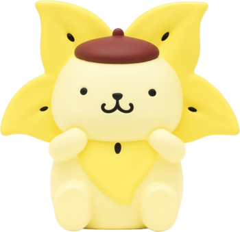 Figurka kolekcjonerska Pompompurin z serii Hello Kitty Fruit, żółta, w kostiumie słonecznika, z brązowym beretem.