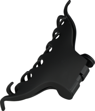 Czarna klamra do włosów z mechanizmem zapadkowym, widok z boku, ukazujący ząbki blokujące.