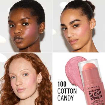 Rimmel Multi Tasker BLUSH ‘N’ BRUSH STICK 100 Cotton Candy, róż w sztyfcie, oraz trzy modelki z rumieńcem.