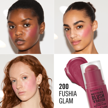 Cztery zdjęcia: trzy modelki z fuksjowym różem na policzkach, jedno zbliżenie różu w sztyfcie Rimmel Fushia Glam.