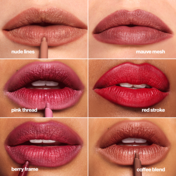 Konturówki Max Factor 2000 Calorie Lip Shader: sześć zbliżeń na usta w różnych odcieniach, w tym Berry Frame.