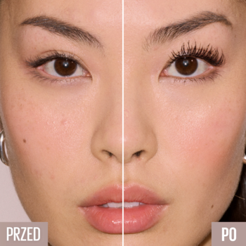 Tusz Maybelline Lash Sensational Body: efekt przed i po na rzęsach kobiety. Lewo: naturalne, prawo: pogrubione, uniesione.