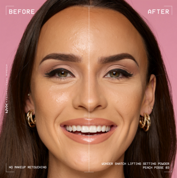 NYX Wonder Snatch puder Peach Posse: porównanie twarzy kobiety przed (błyszcząca) i po (matowa, wygładzona) aplikacji.