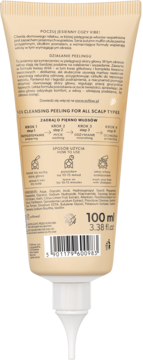 Tył beżowej tubki so!flow Peeling trychologiczny 100ml. Instrukcje, skład, kwasy AHA. Oczyszcza skórę głowy.