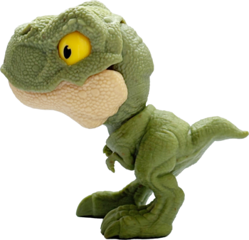 Zielona figurka zabawka dinozaura T-Rexa z żółtym okiem i beżowym podbródkiem, widok z boku.