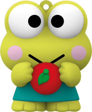 Urocza figurka Keroppi Sanrio: zielona żabka z różowymi policzkami, w turkusowym ubranku, trzymająca czerwone jabłko.