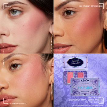 NYX Bridgerton Royal Blush Palette: purpurowe opakowanie, różowy i brzoskwiniowy róż oraz efekt na policzkach modelek.