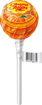 Pomarańczowy lizak Chupa Chups z grafiką owoców i żółtym logo, na białym patyczku. Widoczny kod kreskowy, ujęcie z przodu.