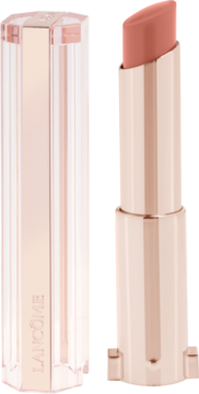 Otwarta pomadka Lancôme Idôle Squalane-12 Butterglow Don't Be Chai, beżowo-brzoskwiniowa, z przezroczystą zatyczką.