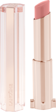 Lancôme Idôle Squalane-12 Butterglow, otwarta, błyszcząca pomadka w beżowym różu, z nakrętką.