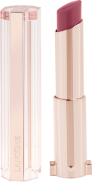 Pomadka Lancôme Idôle Squalane-12 Butterglow Mauve Tivation, sztyft widoczny, obudowa różowo-złota, obok zatyczka.