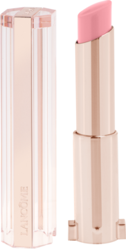 Lancôme Lip Idôle Squalane-12 Butterglow, różowa nawilżająca pomadka w różowo-złotej obudowie, otwarta z capem obok.