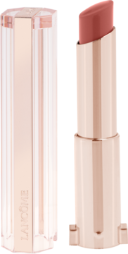 Pomadka Lancôme Idôle Squalane-12 Butterglow The Tea Is Hot, otwarta, z różowo-złotą obudową i fasetowaną zatyczką.