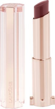 Pomadka Lancôme Idôle Squalane-12 Butterglow Million-Dollar Berry, otwarta, z różowo-złotym opakowaniem i przezroczystą zatyczką.
