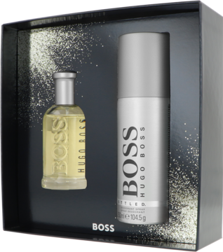Zestaw Hugo Boss Bottled: woda toaletowa i srebrny dezodorant, w czarnym pudełku ze złotymi drobinkami, widok z przodu.