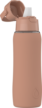 Pudroworóżowa butelka filtrująca Dafi SOLID GLASS 0,63l z otwartym ustnikiem, widok pod kątem.