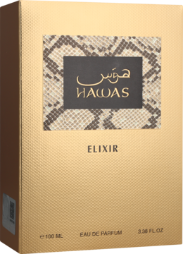 Złote pudełko perfum Hawas Elixir, przód z czarną etykietą o wzorze skóry węża i złotym napisem.