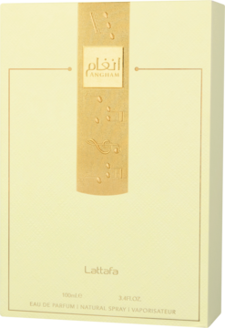 Beżowe pudełko perfum Lattafa Angham 100ml, z pionowym złotym pasem i napisem, widok z przodu.