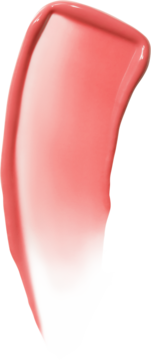 Koralowy róż, błyszcząca smuga płynnej szminki, gęsta i gładka, pionowo, z przejściem do bieli.