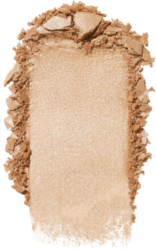 Złoty, błyszczący rozświetlacz w proszku, ułożony w prostokątny swatch z widocznymi kruszonkami.