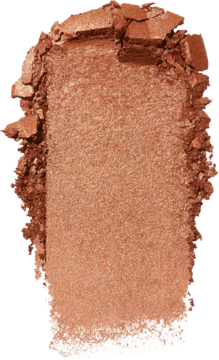 Kosmetyk: miedziano-brązowy cień do powiek o metalicznym wykończeniu, swatche w kształcie prostokąta.