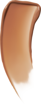 Beżowo-brązowy płynny podkład do twarzy o błyszczącym wykończeniu, rozmazany na ciemnym tle.