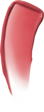 Błyszczący, różowo-czerwony swatch kosmetyku do ust, aplikowany jednym pociągnięciem, z gładkim wykończeniem.