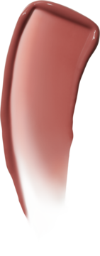 Podłużny, błyszczący swatch pomadki lub błyszczyka w kolorze ciepłego, brudnego różu, z gładkim wykończeniem.