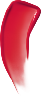 Szeroka, intensywnie czerwona smuga błyszczącej pomadki w płynie o gładkiej, kremowej teksturze.