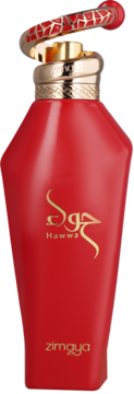Czerwona butelka perfum Zimaya Hawwa o fasetowanym kształcie, ze złotym kołnierzem i ozdobnym czerwono-złotym pierścieniem.