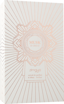 Białe pudełko perfum Zimaya Musk Is Great, extrait de parfum, z dekoracyjnym wzorem w kolorze rose gold.