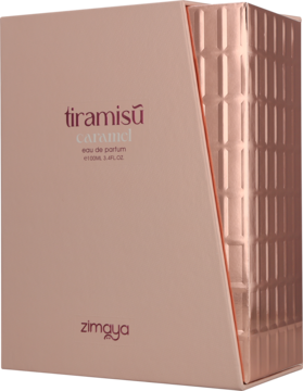 Jasnoróżowe pudełko Zimaya Tiramisu Caramel 100ml EDP z reliefową miedzianą ścianką boczną, ujęcie z rogu.