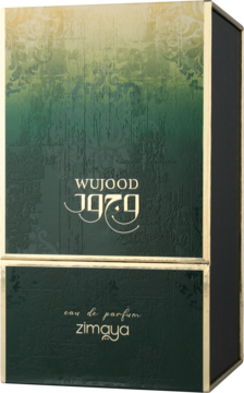Perfumy Zimaya Wujood 1979 w ciemnozielonym pudełku z gradientem, złotymi brzegami i wzorami, widok z przodu.