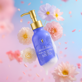 Pani Walewska BLANCHE RELAX, fioletowe mydło w płynie z pianą, pływająca butelka z pompą, otoczona kwiatami.