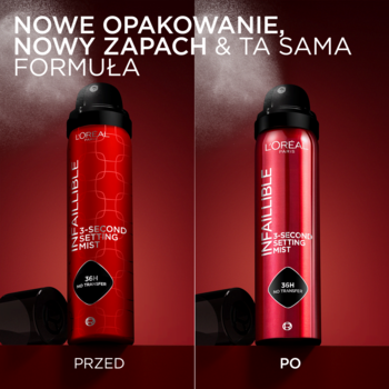 Dwa czerwone spraye L'Oréal Paris Infaillible 3-Second Setting Mist, porównanie starego i nowego opakowania.