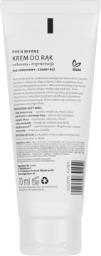 Tył białej tubki kremu do rąk Organique Pour Homme 70ml. Widoczny opis, składniki i kod kreskowy.