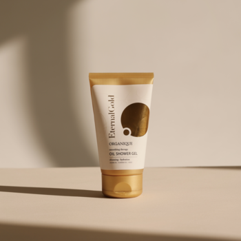 Żelowy olejek pod prysznic Eternal Gold w eleganckiej, kremowo-złotej tubce, widok z przodu, na jasnym tle.