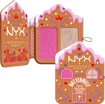 NYX Buttermelt Face Palette. Piernikowy domek z różem i rozświetlaczem. Widok otwartej i zamkniętej palety.
