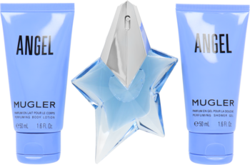 Zestaw Angel Mugler: perfumy w błękitnej butelce w kształcie gwiazdy, dwie tubki żelu pod prysznic i balsamu 50 ml.