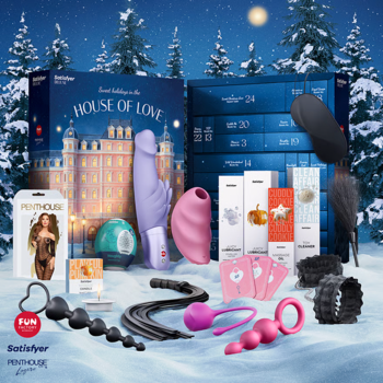 Satisfyer Deluxe 2025 Erotic Advent Calendar: rozłożone zabawki, wibratory, bielizna, BDSM na zimowym tle.