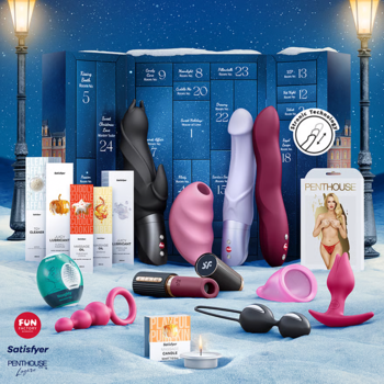 Satisfyer Premium 2025 kalendarz adwentowy, widok frontalny na rozłożone zabawki erotyczne i akcesoria.