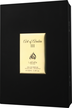 Perfumy Lattafa Pride Art of Arabia III w czarnym prostokątnym pudełku z połyskującą złotą etykietą, widok z przodu.