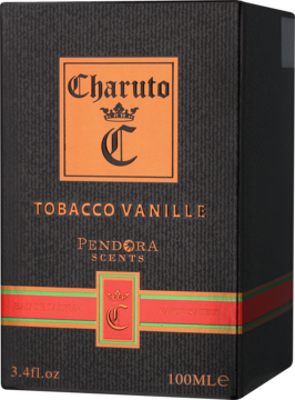 Czarne pudełko perfum Charuto Tobacco Vanille, z pomarańczową etykietą i czerwono-zielonym paskiem. Widok z przodu.