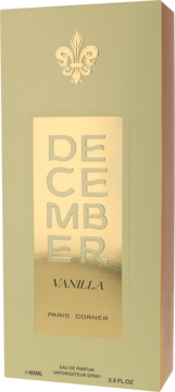 Złoto-beżowe pudełko perfum DECEMBER VANILLA PARIS CORNER, z błyszczącą etykietą i symbolem fleur-de-lis, widok z przodu.