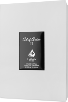 Lattafa Pride Art of Arabia II Eau de Parfum, czarna etykieta na białym pudełku, widok z przodu.