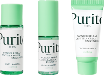 PURITO SEOUL Wonder Releaf Centella Mini Kit Unscented: toner, serum, krem w białych opakowaniach z zielonymi zakrętkami.