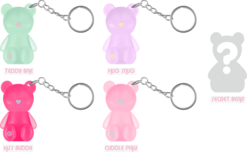 Zestaw czterech transparentnych breloków-misiów w kolorach mięty, lawendy, fuksji i jasnego różu, z metalowym kółkiem.