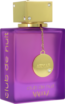 Armaf Club De Nuit Maleka EDP, fioletowy flakon ze złotą nakrętką i zawieszką, widok frontalny.