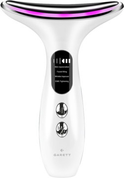 Biały soniczny masażer do twarzy i szyi Garett Beauty Lift Skin Pro z różowym światłem LED, widok z przodu.