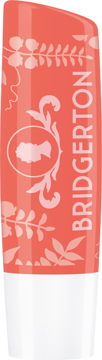 Koralowa pomadka NIVEA Peach Tea Bridgerton z białymi roślinnymi wzorami, widok z przodu, zapewnia nawilżenie.